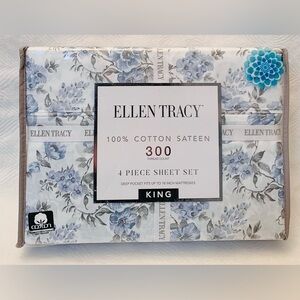 Ellen Tracy Blue Floral Cotton Sateen Sheet Set - King
